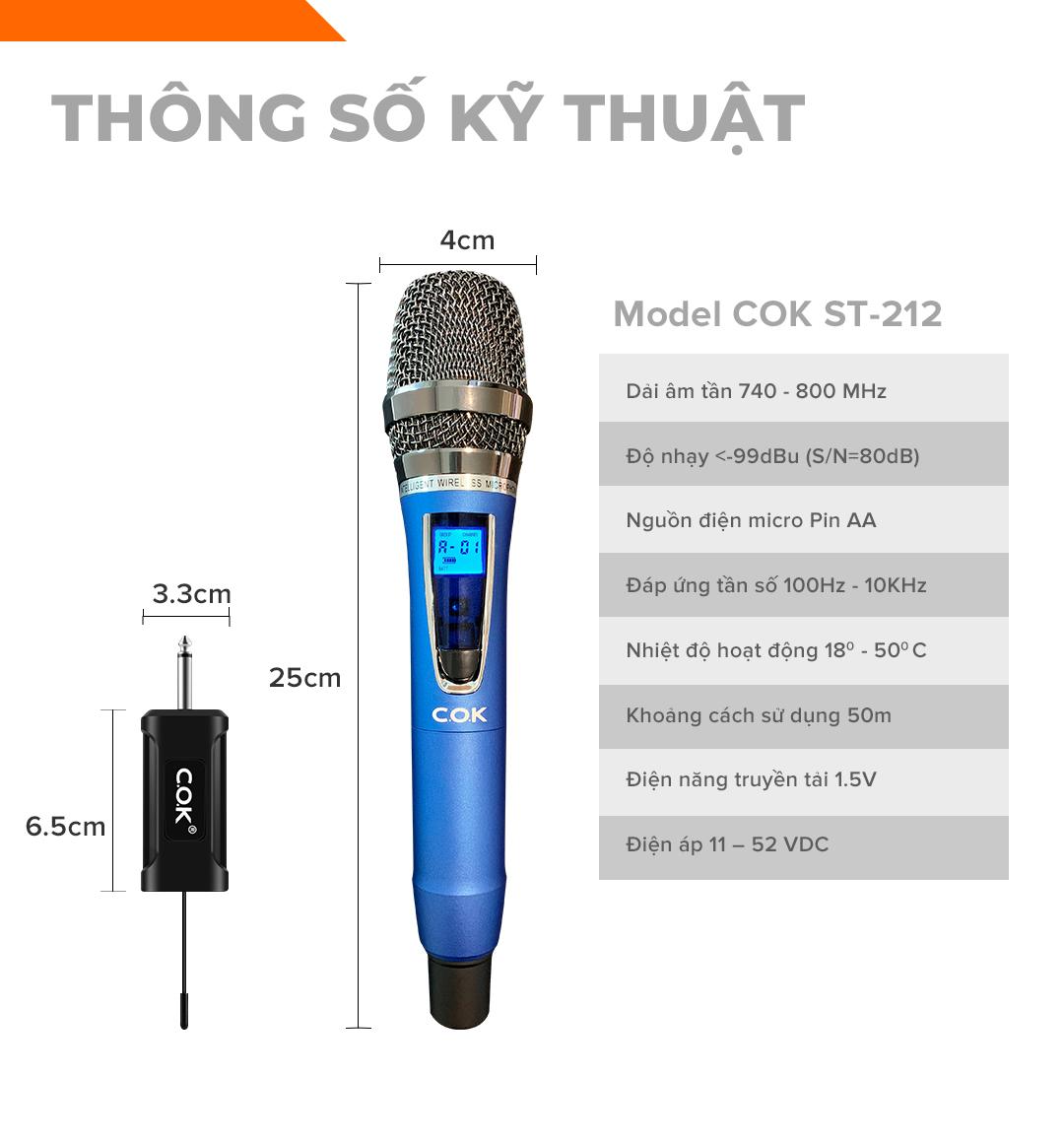 Micro không dây cao cấp C.O.K ST-212 (2 Mic), Dành cho loa kéo &amp; dàn âm ly, Jack 6.5, bắt âm tốt - Hàng chính hãng 100%