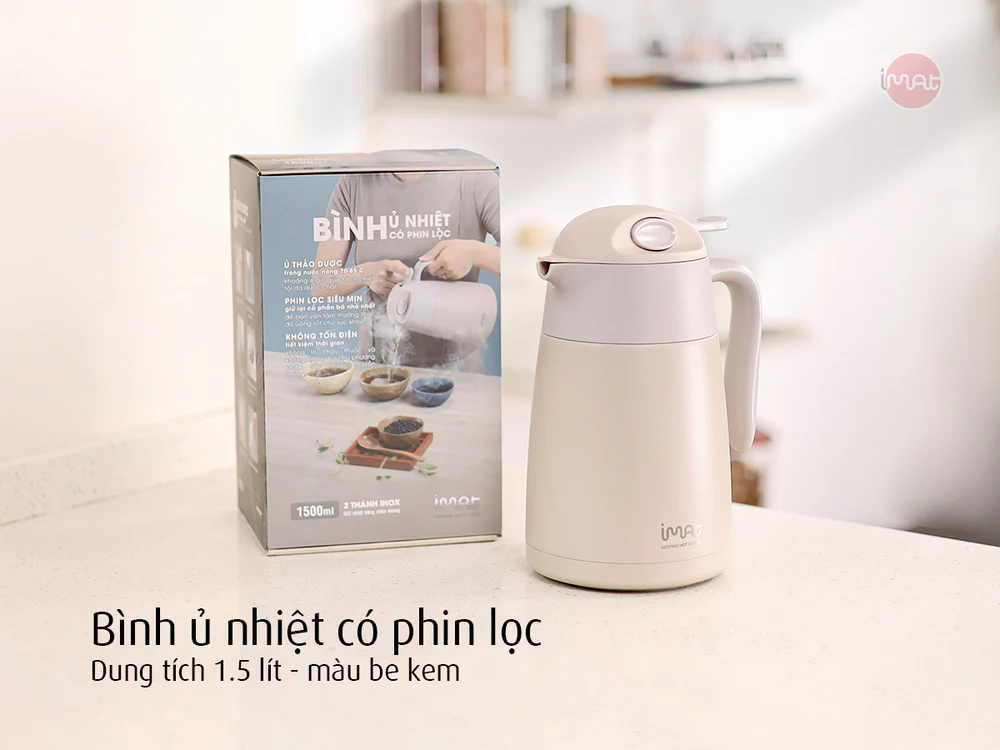 Bình ủ nhiệt iMat có phin lọc 1500ml màu vàng be kem, ruột bình, phin lọc làm bằng Inox 304 không gỉ