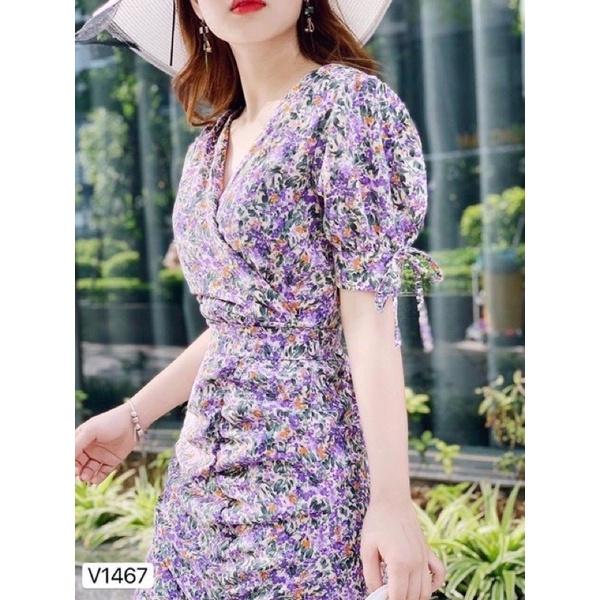Váy đầm hoa họa tiết sang chảnh bộ đuôi cá tím - váy hoa dáng xòe tôn dáng