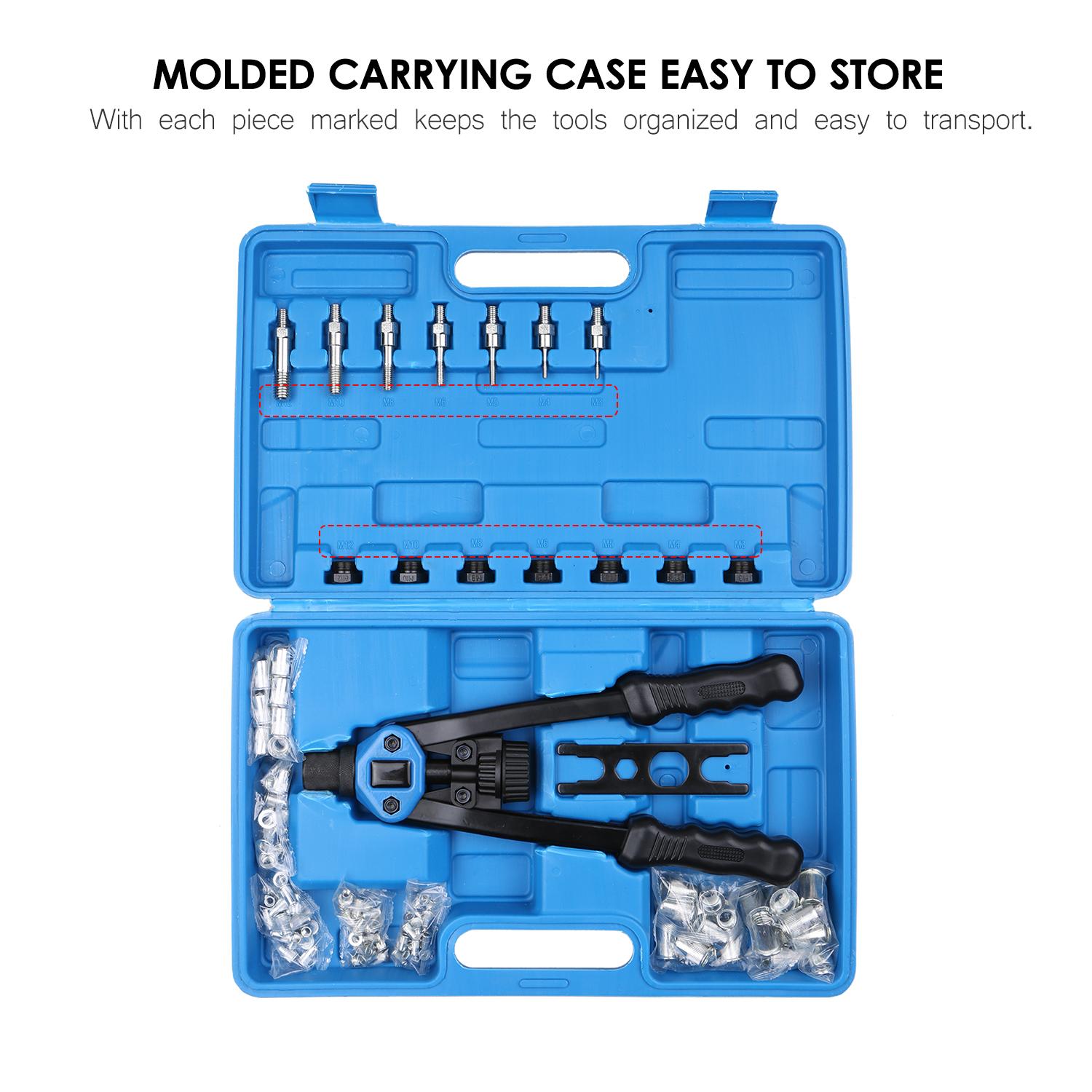 110Pcs Hand Rivet Nut Tool Riveting Tool Set Rivet Nut Setter Kit with 100pcs Assorted Rivet Nuts 7 Metric Mandrels of