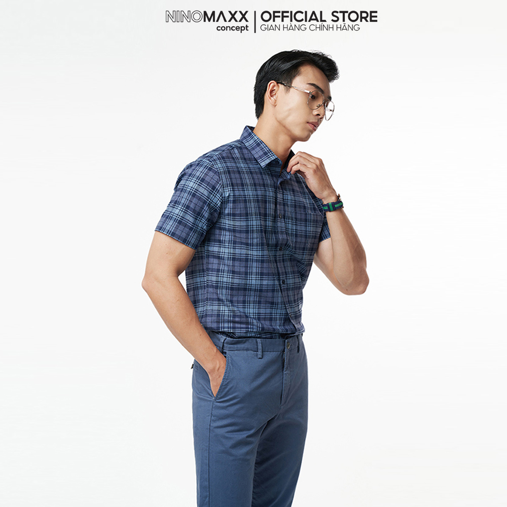 N&amp;M Áo Sơ mi caro nam Basic tay ngắn 100% cotton form slim fit trẻ trung 2110028