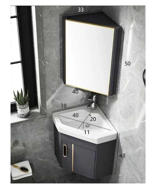 Bộ tủ chậu lavabo phòng tắm bằng nhôm màu xám hoặc trắng treo ở góc tường sử dụng tối ưu không gian