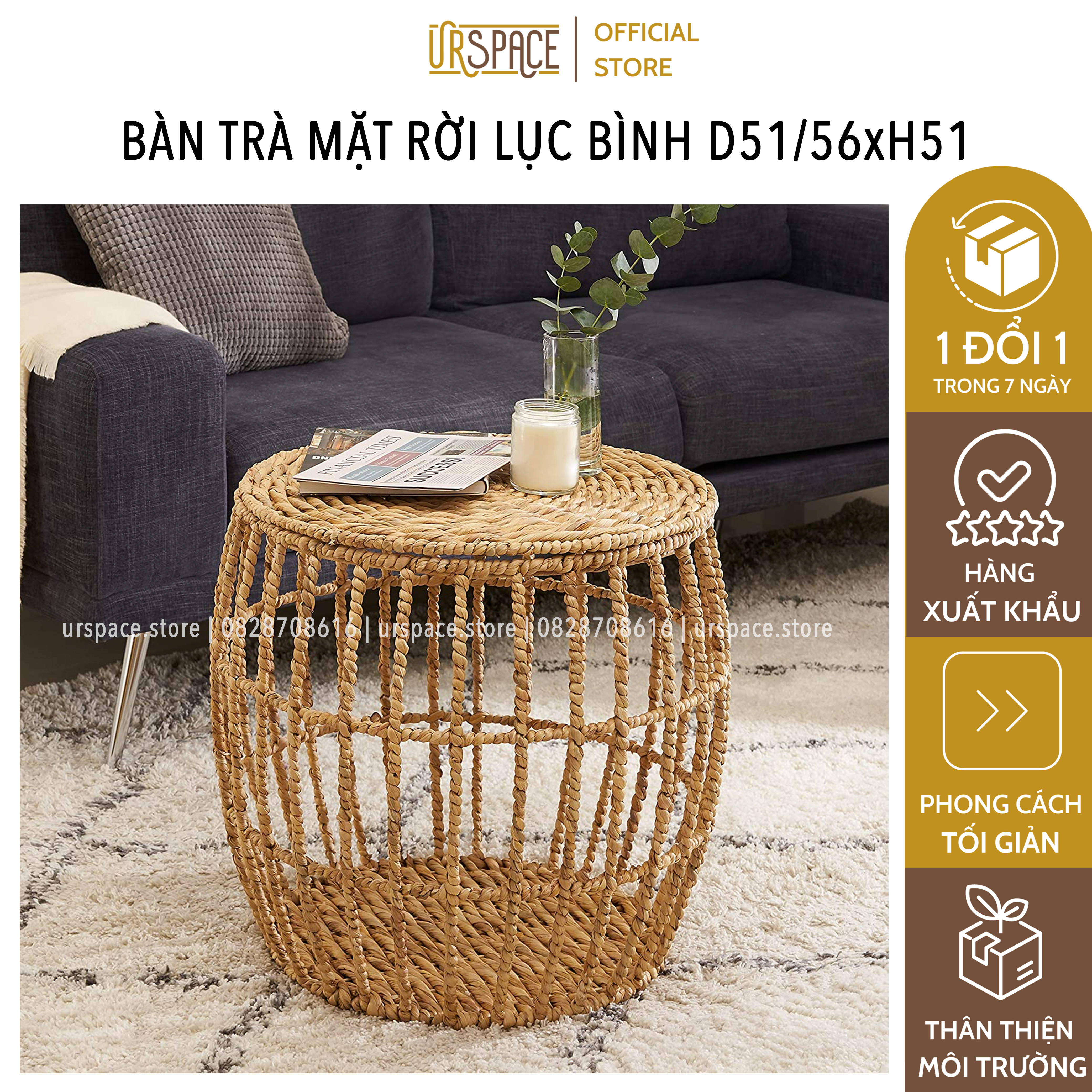 Bàn trà và 2 đôn ngồi thấp bằng lục bình phong cách tối giản/ Hand-Woven Water Hyacinth Low Seating Stool &amp; Table