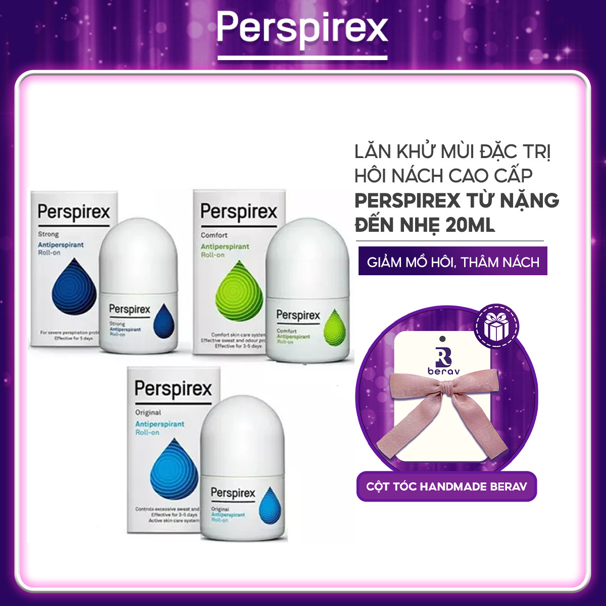 Lăn Khử Mùi Ngăn Ngừa Hôi Nách Perspirex Cao Cấp Cho Mọi Loại Da Từ Nặng Tới Nhẹ 20ml - Tặng Kèm Cột Tóc Nơ BERAV Handmade Annie Ribbon  Giao Màu Ngẫu Nhiên