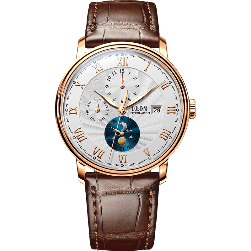 Đồng hồ nam chính hãng Lobinni LB11023G-T1,hàng mới,Kính sapphire chống xước,chống nước 50m ,mặt trắng vỏ vàng hồng dây kim loại thép không gỉ 316L ,Đồng hồ cơ (Automatic) ,BH 24 tháng,thiết kế sun and moon sang trọng