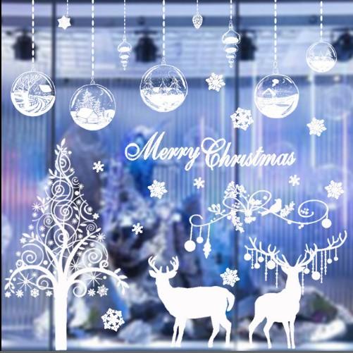 COMBO DECAL DÁN TƯỜNG NOEL - Đôi Nai Trắng kết Hợp Rèm Châu pha lê
