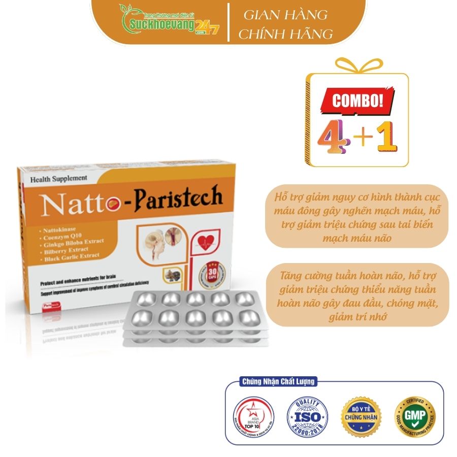 Viên uống phòng ngừa đột quỵ Natto Paristech ngăn ngừa tai biến mạch máu não, chứng đau thắt ngực, ổn định tim mạch - Hộp 30 viên