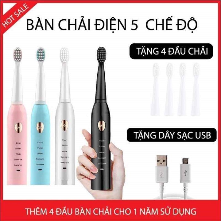 Máy vệ sinh chăm sóc răng miệng bằng điện , Tự động 5 Chế Độ Công Nghệ Sóng Âm Kèm 4 đầu Bàn chải - Chải Sạch Mảng Bám chăm sóc nướu