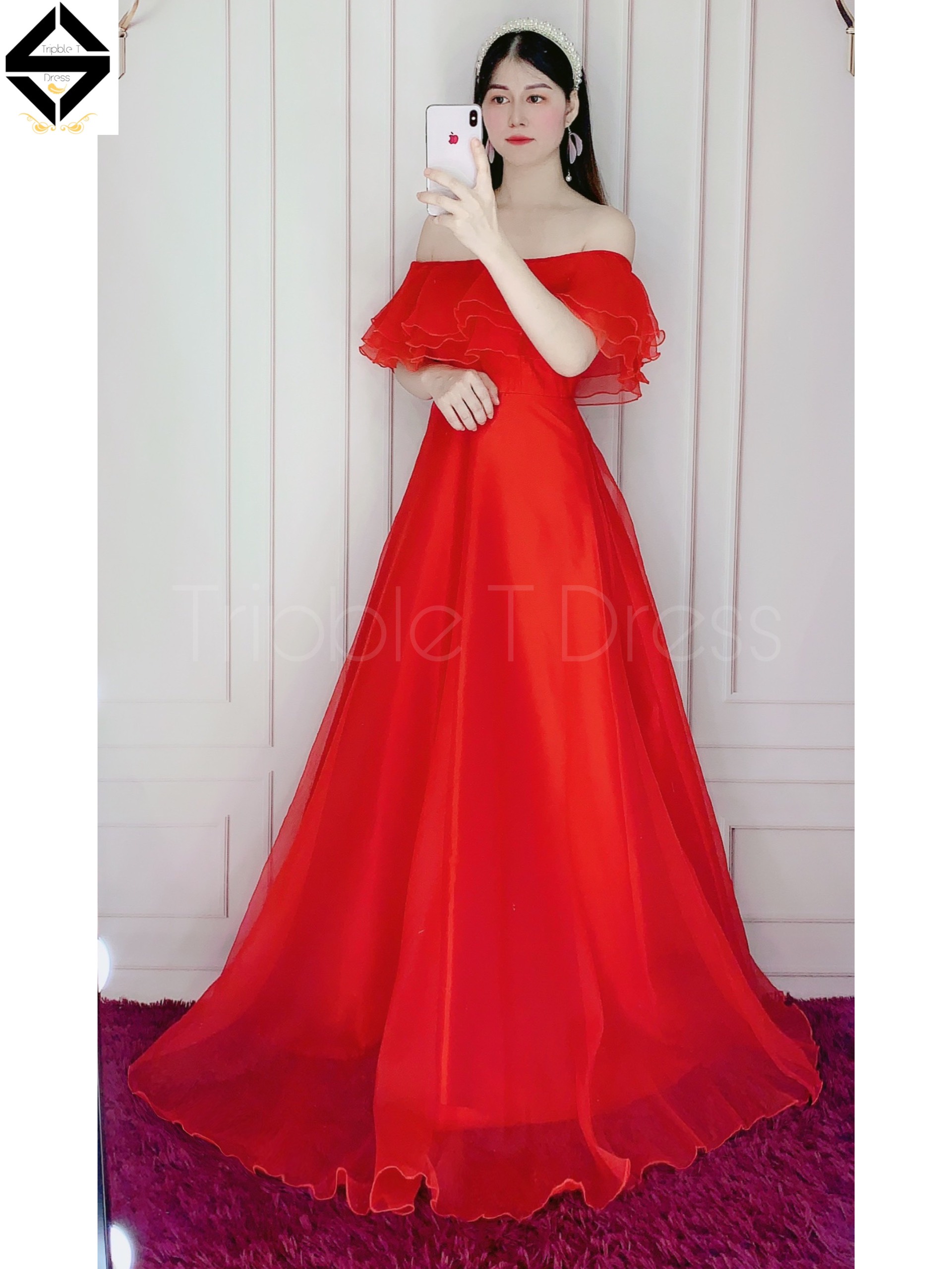 Đầm maxi dự tiệc mặc cưới bẹt vai tầng bèo TRIPBLE T DRESS - Size S/M/L (ảnh/video thật) MS324V