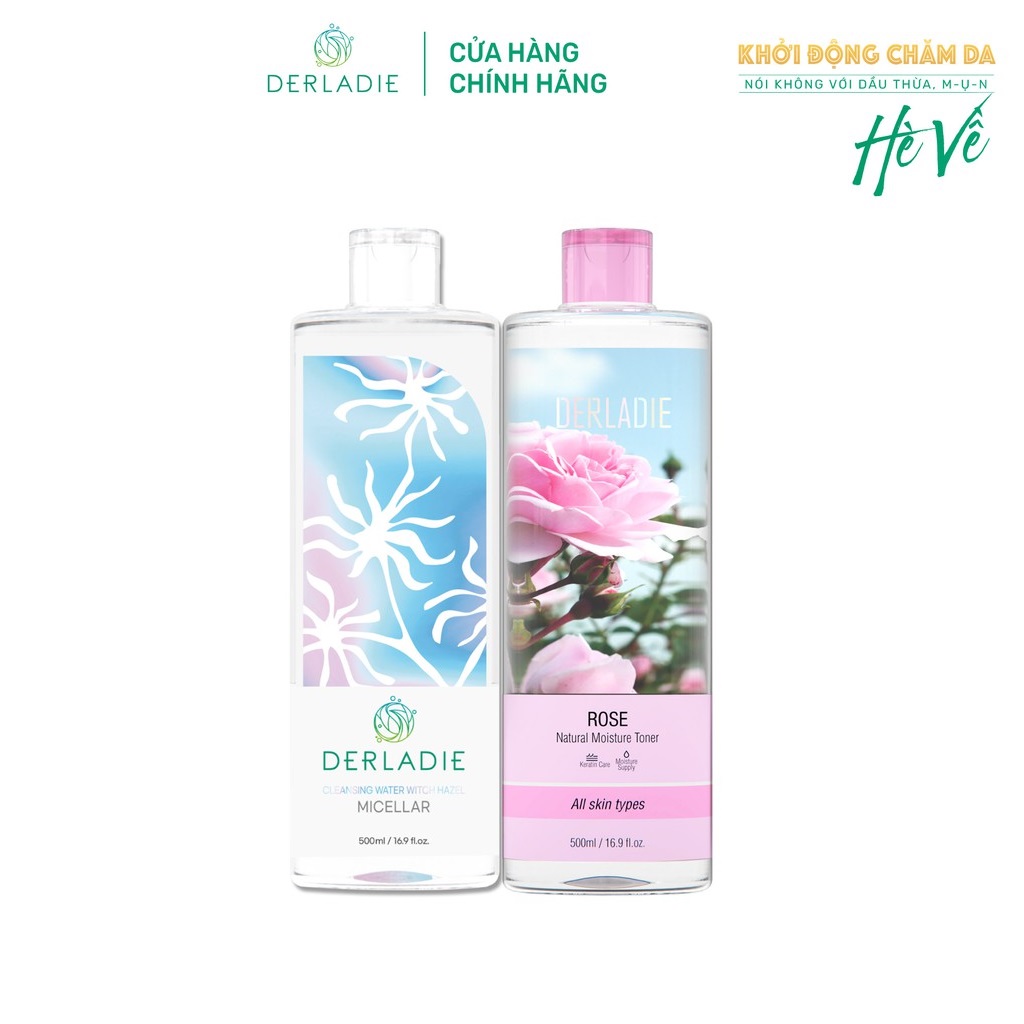 Combo Nước Tẩy Trang Derladie Cleansing Water Witch Hazel, Nước Hoa Hồng Derladie Rose Natural Moisture Toner