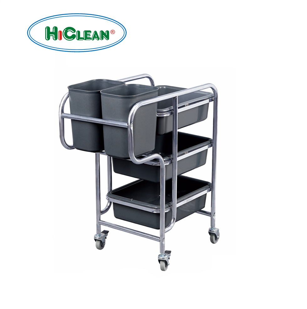 Xe đẩy thu dọn bát đĩa HiClean HC167 - 3 tầng, khung inox, màu xám