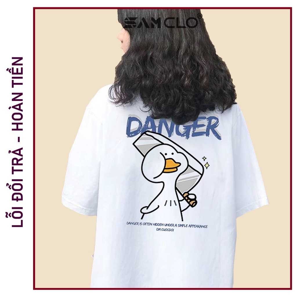 Áo thun tay lỡ nữ freesize phông form rộng dáng Unisex, mặc lớp, nhóm, cặp in HÌNH VỊT DANGER màu trắng