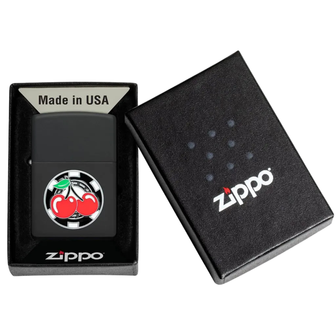 Bật Lửa Zippo Chính Hãng Mỹ Poker Chip Cherries – Biểu Tượng May Mắn Ốp Nổi, Vỏ Đen Nhám Black Matte Chống Gió