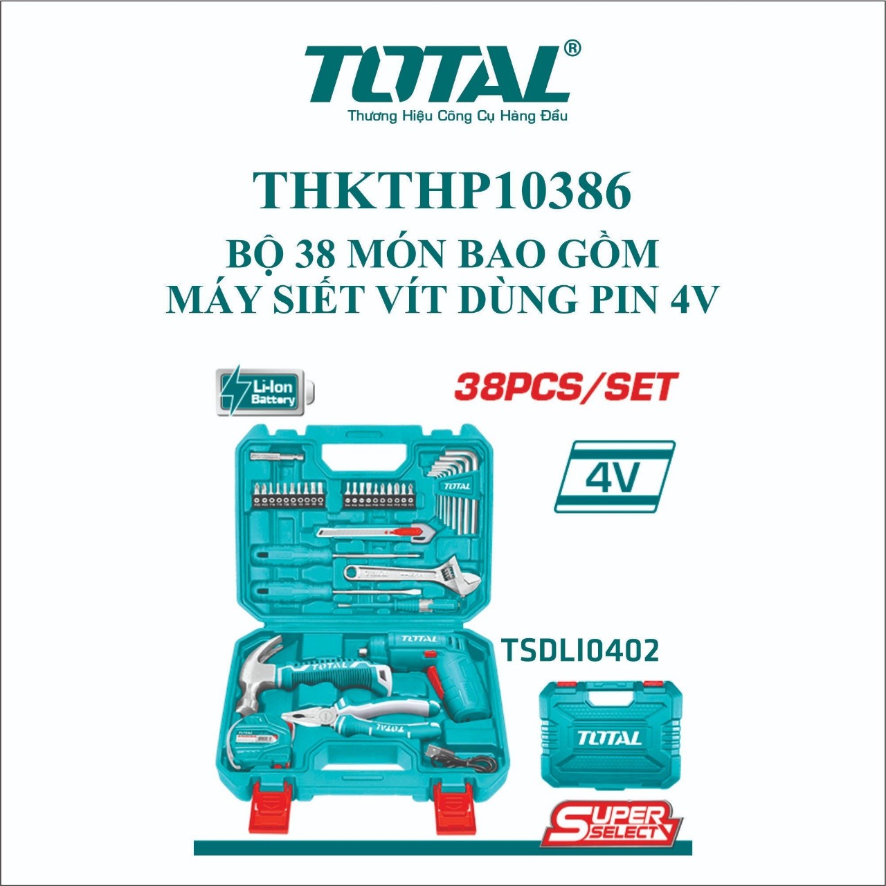 Bộ 38 món bao gồm máy siết vít TSDLI0402 dùng pin 4V TOTAL THKTHP10386