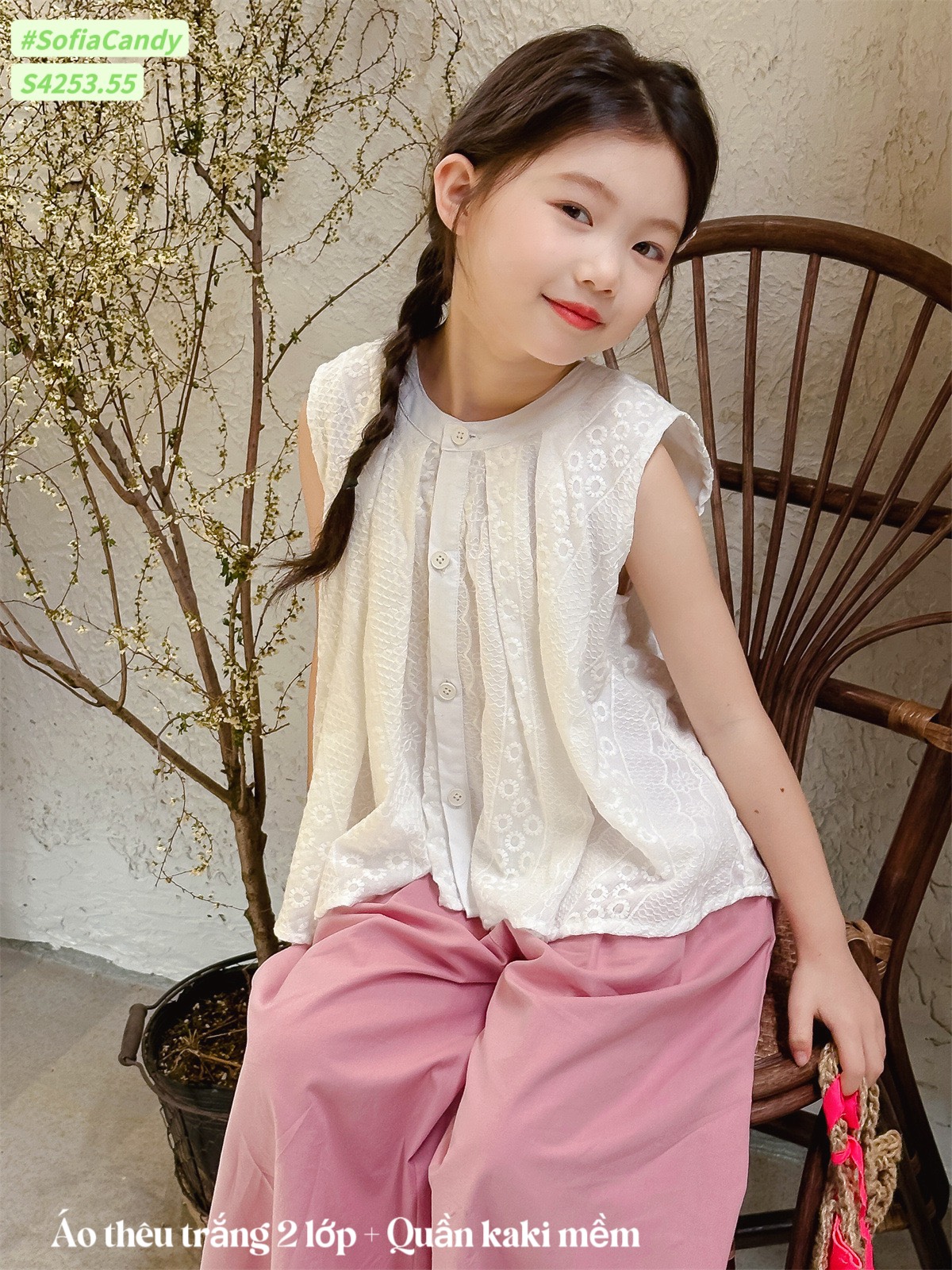 [Từ 1 đến 12 tuổi] Sét bộ tiểu thư trắng hồng bé gái thô cotton Hàn quần kaki áo thêu đi học đi chơi đến 40kg