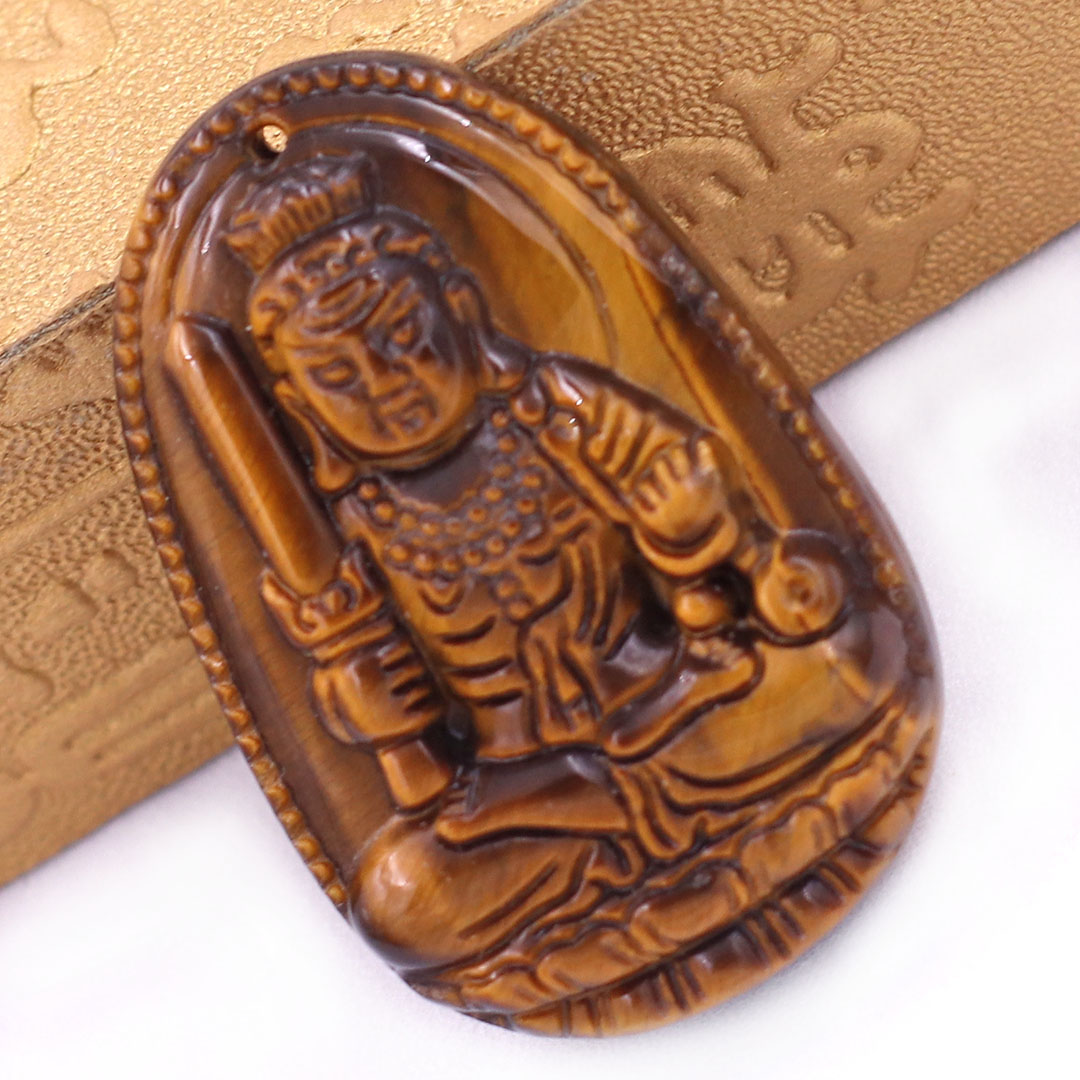 Mặt Phật Bất động minh vương đá mắt hổ 3.6 cm kèm móc và vòng cổ dây cao su nâu, Mặt Phật bản mệnh