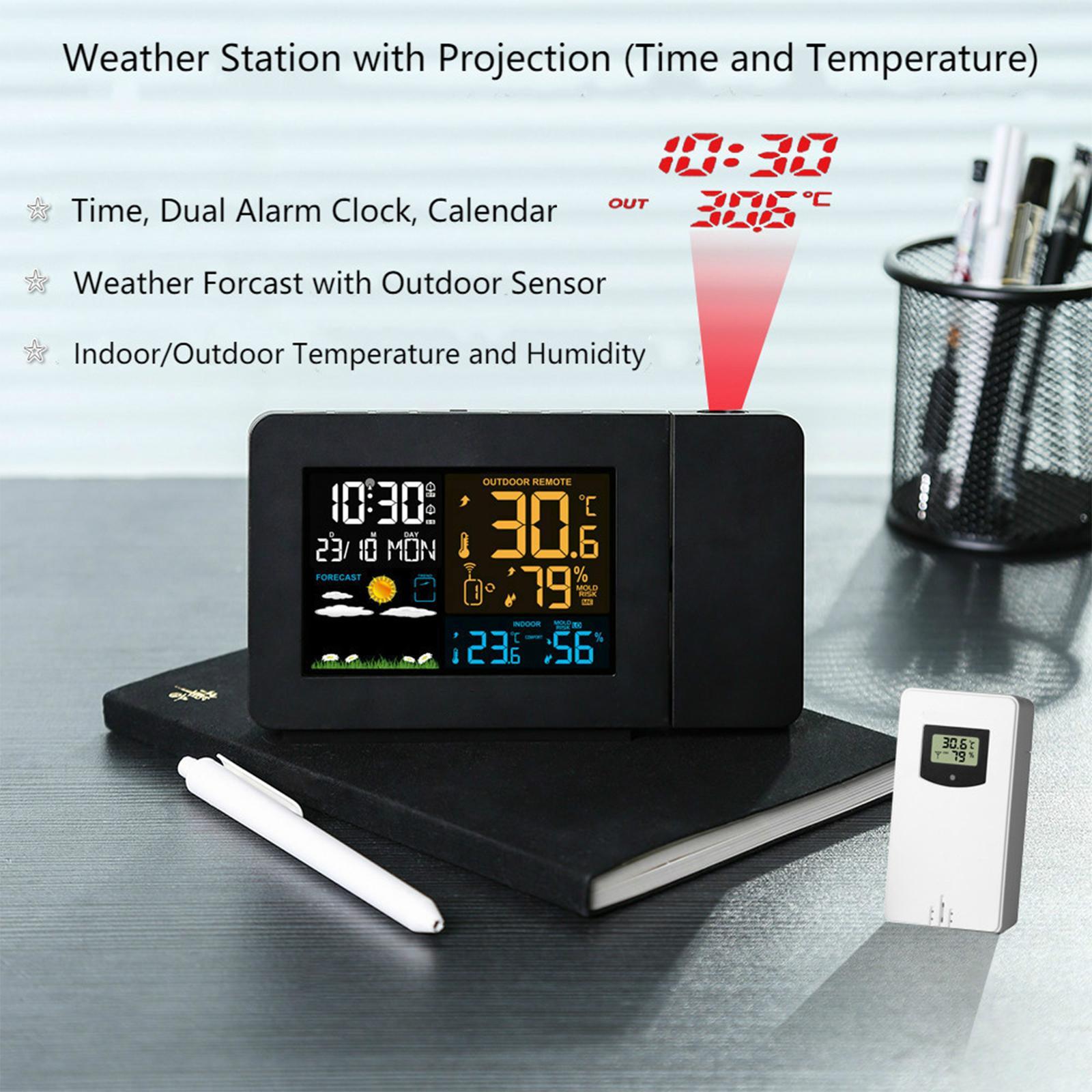 LCD Digital Table Alarm Clock Weather Station Temperature Time Projection