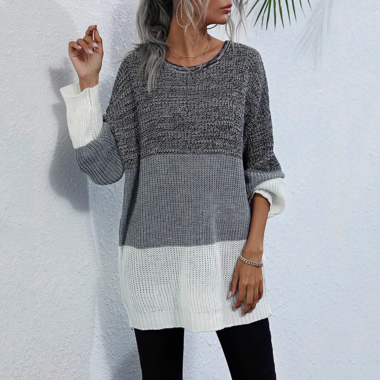 Women Knitted Sweater Splicing O Neck Long Sleeve Soft Autumn Winter Loose Pullovers Tunics Casual Jumper