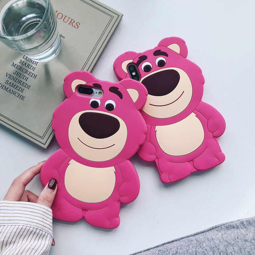 Ốp điện thoại bảo vệ hình chú gấu màu dâu tây 3D dễ thương dành cho iPhone 6 6s 7 8 Plus X Xs Max Xr 11 Pro Max