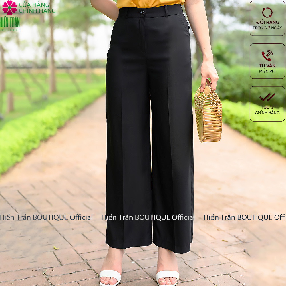 Quần ống rộng Hiền Trần BOUTIQUE lưng cạp cao baggy vải nữ dài suông loe culottes xuông màu đen