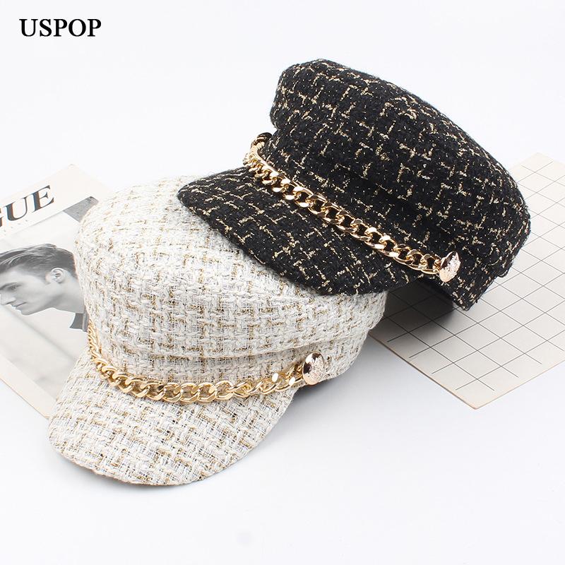 USPOP Phụ Nữ Mới Nón Tweed Kẻ Sọc Newsboy Mũ Dây Chuyền Đỉnh Bằng Phẳng Che Nắp Vintage Kẻ Sọc Mũ Quân Đội Nữ Thu Đông nón