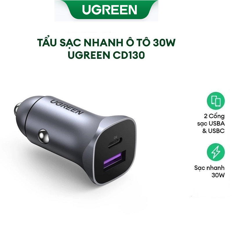 Sạc nhanh trên ô tô PD/QC 3.0 USB-A và USB-C công suất 30W Ugreen 40858 hàng chính hãng
