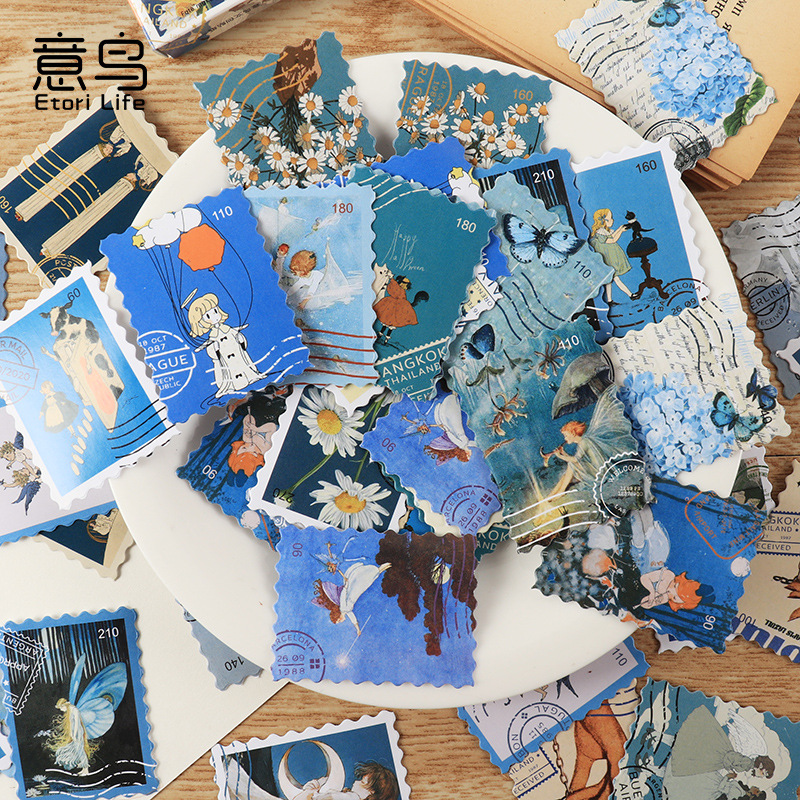 Hộp 46 pcs stickers dạng tem thư kiểu cổ điển vintage dùng để trang trí sổ tay nhật kí