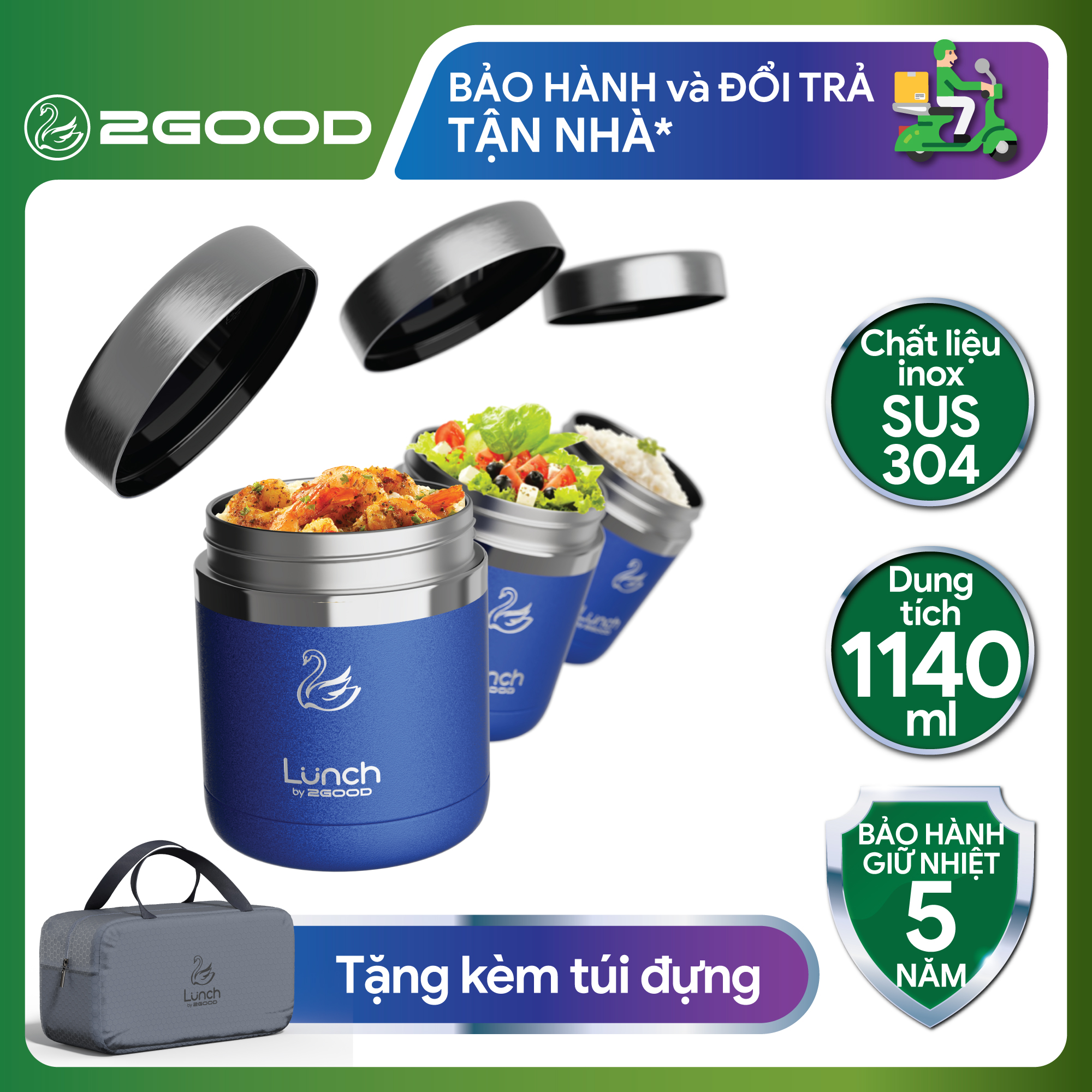 Bộ 3 Hộp Cơm Giữ Nhiệt Chân Không 2GOOD A3 - Dung tích 1140ml