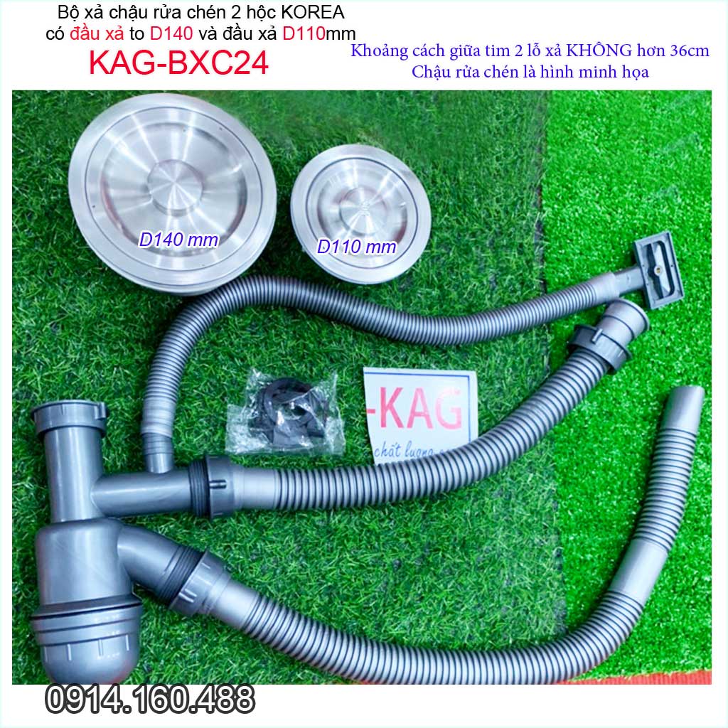 Bộ xả chậu rửa chén bát 1 hộc lớn 1 hộc nhỏ KAG-BXC24, trọn bộ xả bồn rửa chén bát 2 hộc lệch D110-D140 thoát nhanh sử d