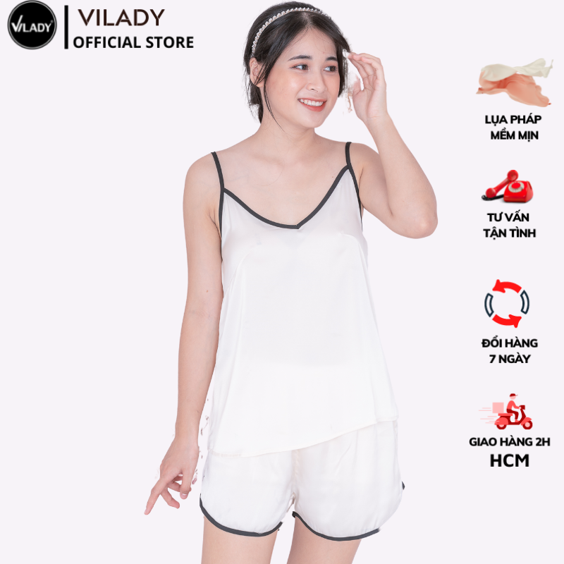 Bộ đồ ngủ nữ 2 dây mặc nhà dễ thương VILADY - B111 kiểu 2 dây quần cộc màu trắng gạo mềm mát, chất liệu Lụa Pháp ( lụa latin) cao cấp