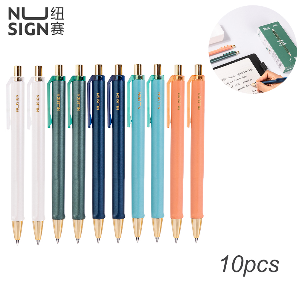 10pcs/box Nusign Press Type Gel Pen 0.5mm Black Ink Simple Fashion European Style Office Business Signature Pen Bullet Gel Pen Writing Pen Unidirectional Rotating Refill Exchange Design Writing Tool Stationary Supplies