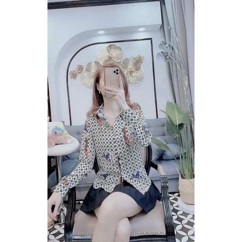 Áo sơ mi cổ đức hoạ tiết hươu cao cổ dài tay cao cấp
