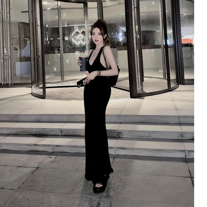 Đầm maxi 3 lỗ khoét hở lưng nữ ,váy nữ dài có mút ôm body