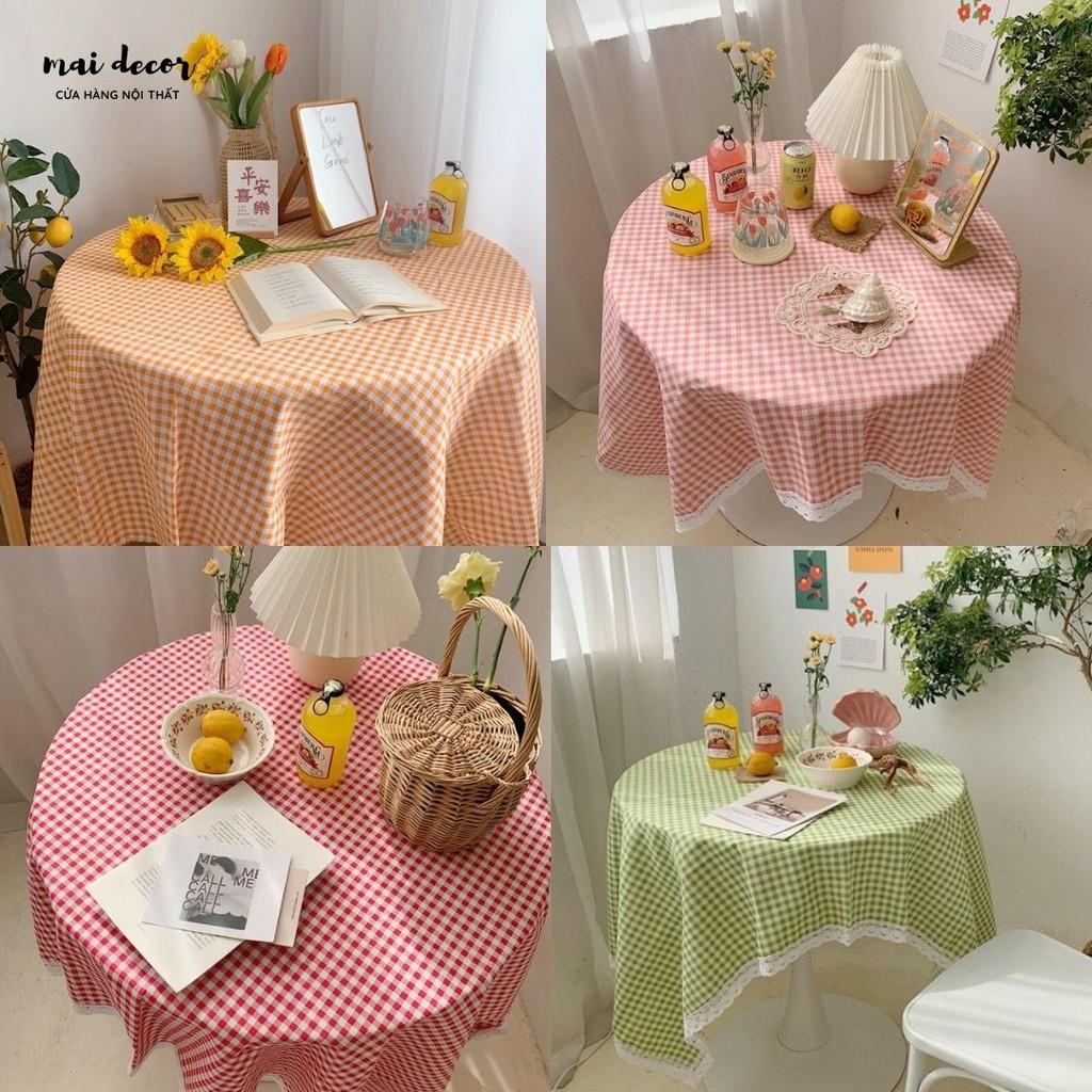 Khăn Trải Bàn Vải Lanh Cotton Sọc Caro Đủ Màu, Thảm Trải Picnic Decor Vintage (Viền Cạnh Không Ren)