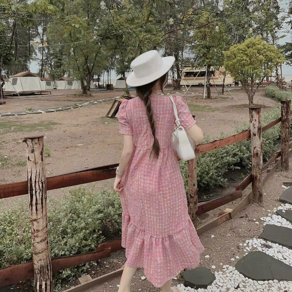 Đầm suông xốp caro cổ tròn đuôi cá siêu xinh