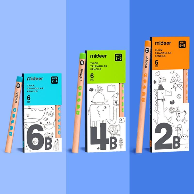 Bộ bút Chì 2B 4B 6B hộp 6 bút chì Mideer Thick Triangular Pencils, Đồ dùng học tập