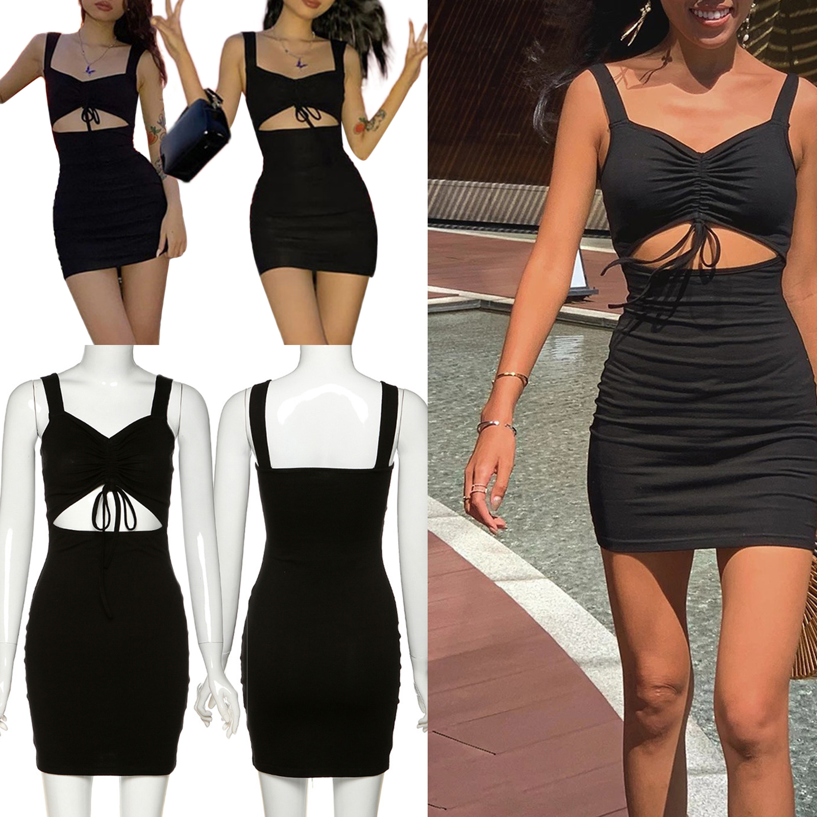 Women Sleeveless Bodycon Dress V Neck Hollow Out High Waist Drawstring Club Party Dress Black