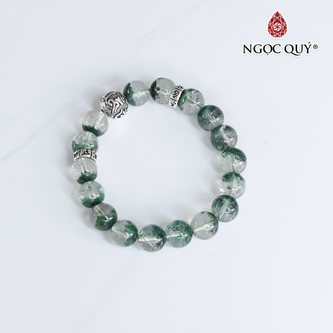 Vòng tay ưu linh xanh rêu phối lục tự tròn mệnh hỏa, mộc - Ngọc Quý Gemstones