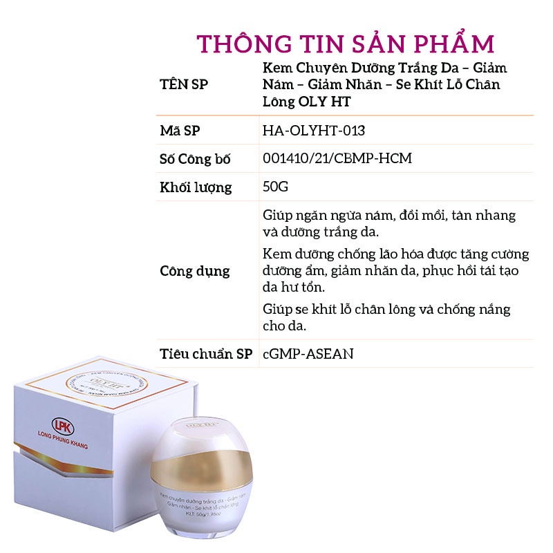 Kem Dưỡng Trắng Da - Ngừa Nám - Giảm Nếp Nhăn - Se Khít Lỗ Chân Lông OLY HT Chính Hãng 50g LPK