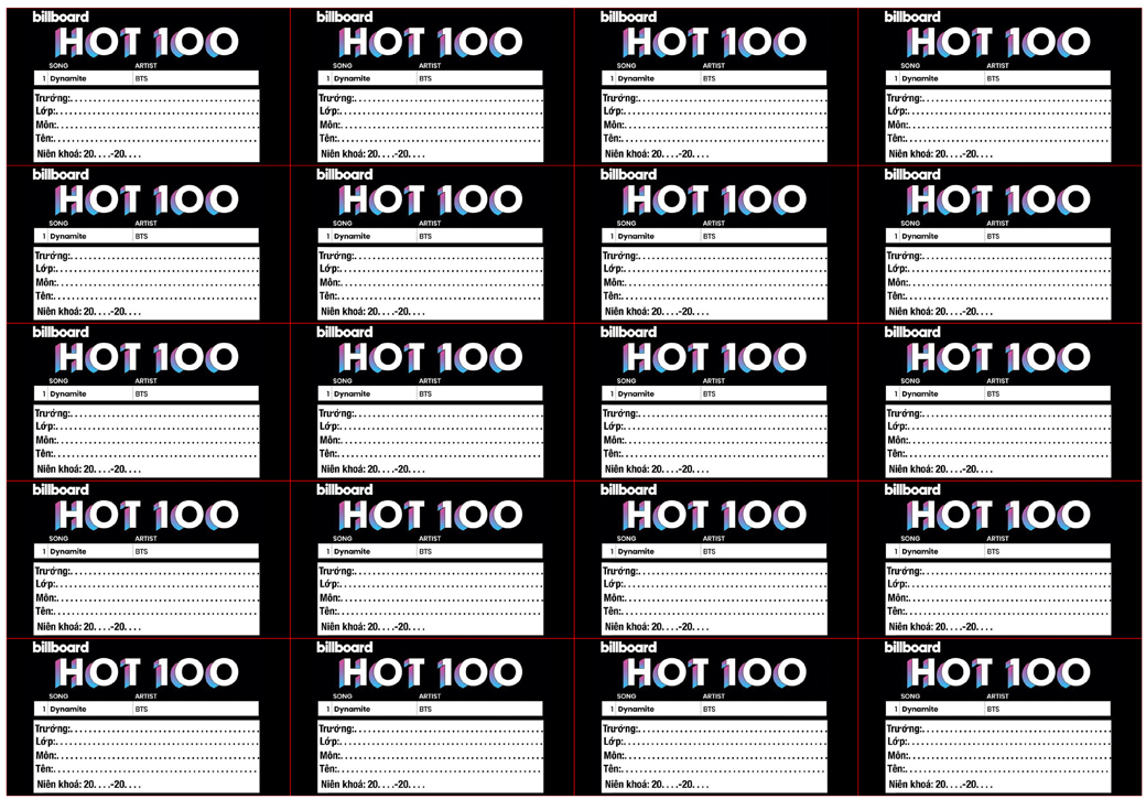 Set 100 nhãn vở BTS Billboard Hot 100