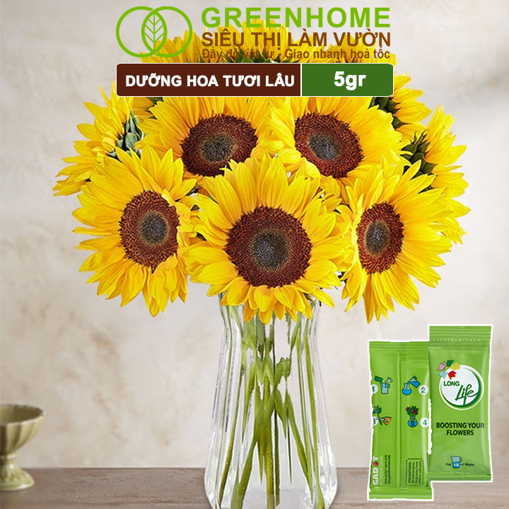 Dưỡng Hoa Tươi Lâu Greenhome, Longlife, Phân Bón Cho Hoa Cắt Cành, Gói 5gr, Lâu Tàn, Nở Bông To, Không Bị Hôi Nước
