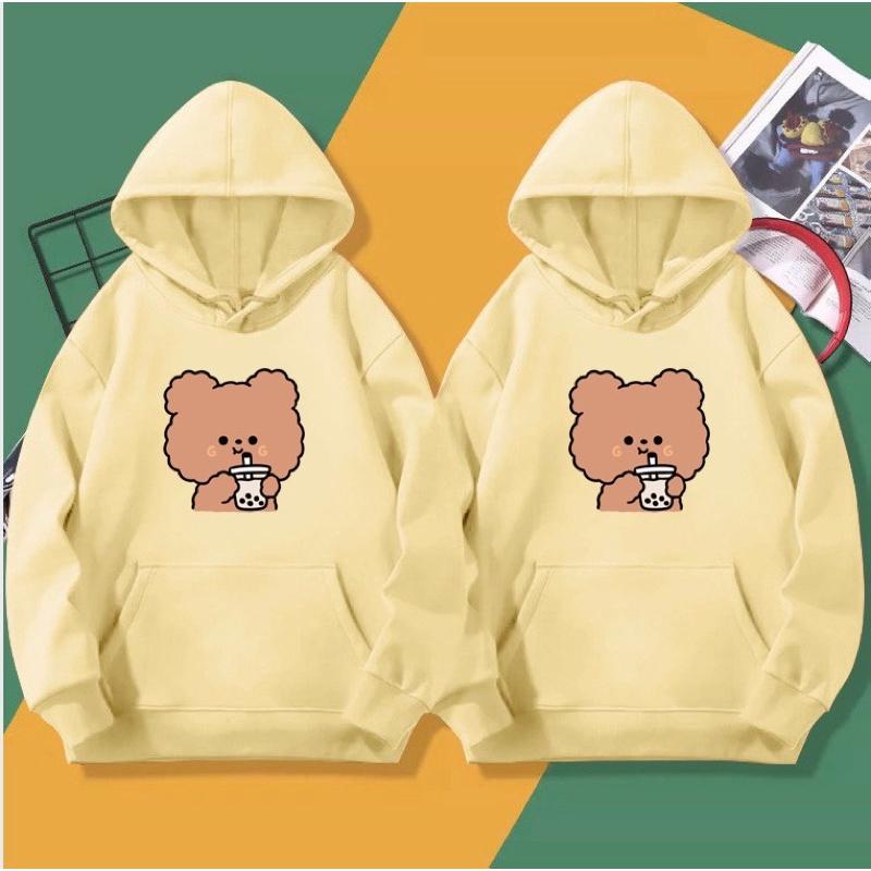 Áo hoodie nam nữ in gấu nâu uống trà sữa