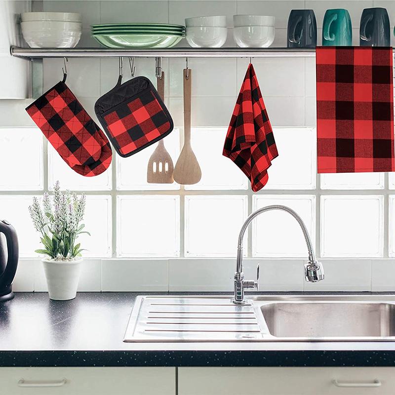 7 Pcs Check Dish Towel Pot Holder Oven Glove Set Non-Slip Heat-Resistant Oven Gloves and Pot Holder for Cooking,Bake,Etc