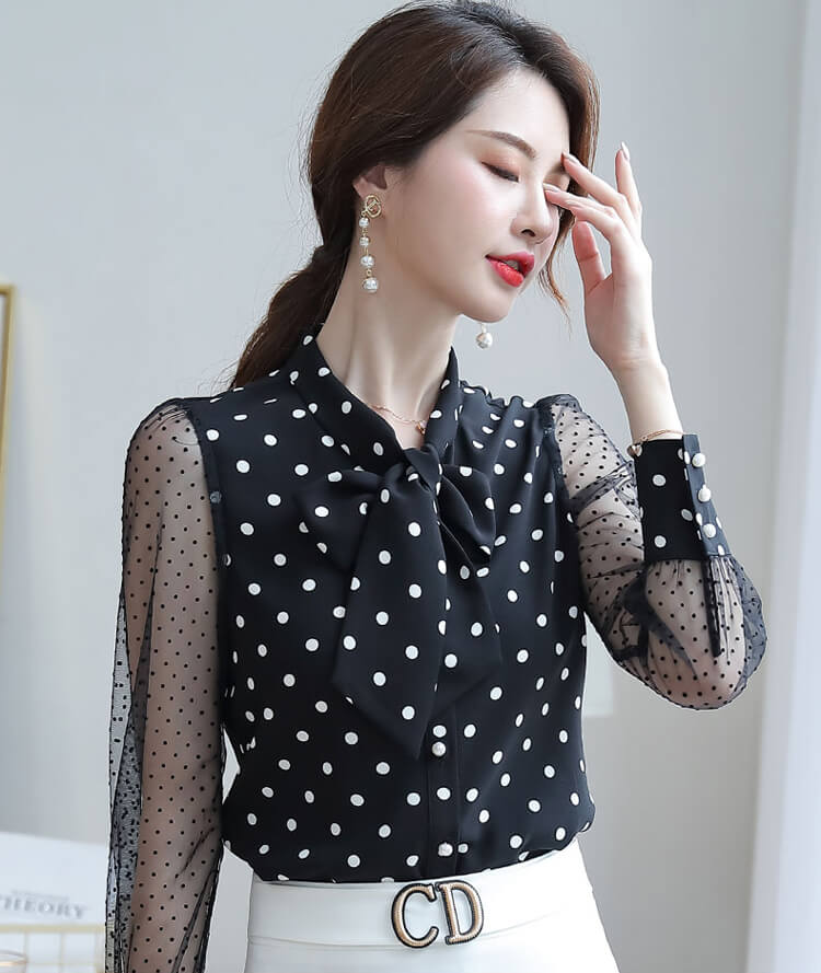 ÁO CÔNG SỞ CHẤM BI THẮT NƠ CỔ ÁO