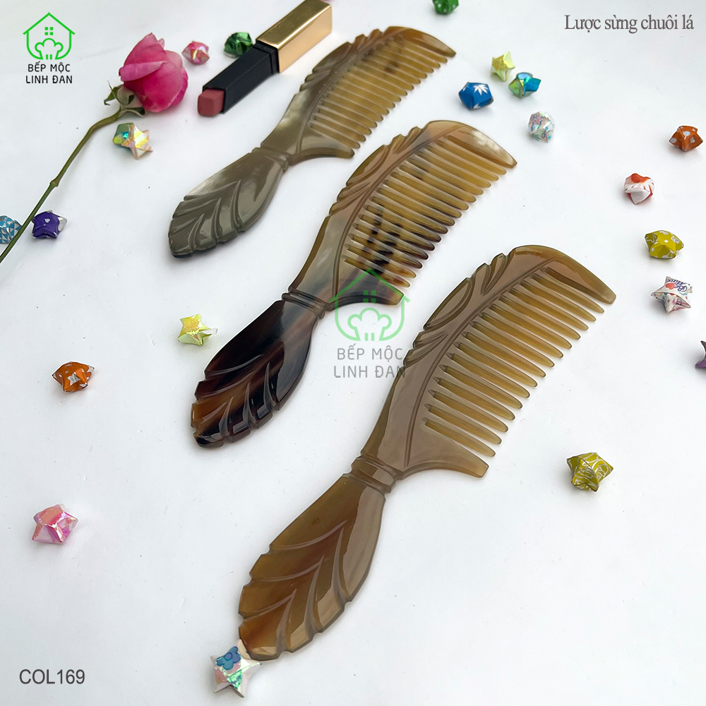 Lược Sừng Răng Thưa Chuôi Lá (Size: XL-20cm) Đường Nét Uốn Lượn [COL169]