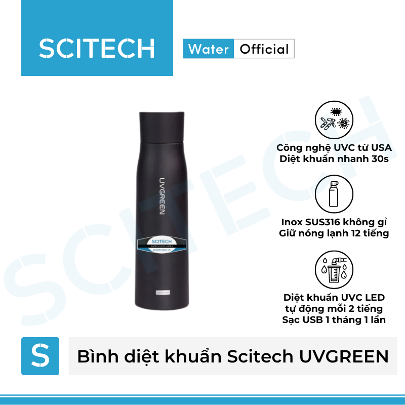 Bình nước giữ nhiệt diệt khuẩn Scitech UVGREEN 500ML - Hàng chính hãng