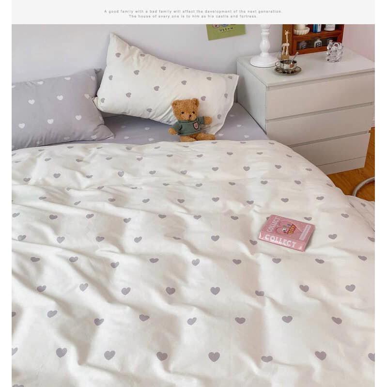 Bộ Chăn Ga Gối Cotton Poly Tim Trắng Phối Ghi