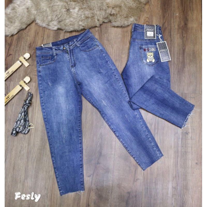 Quần Jeans Nữ Baggy Thêu Túi Gấu Lưng Cao