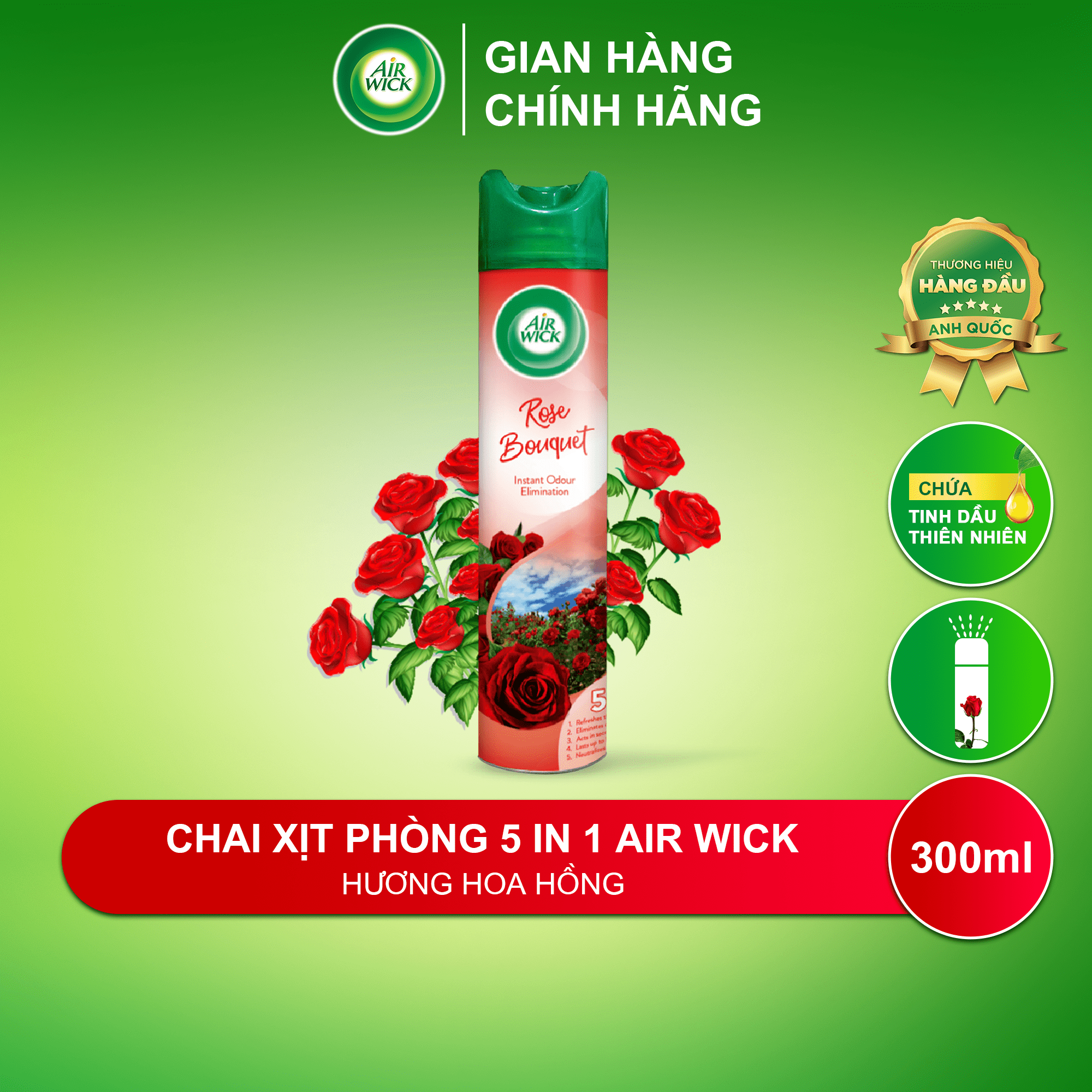 Chai xịt thơm phòng hương hoa hồng AIRWICK ngọt ngào, quyến rũ, vòi xịt thông minh giúp tỏa hương dễ dàng 300ml