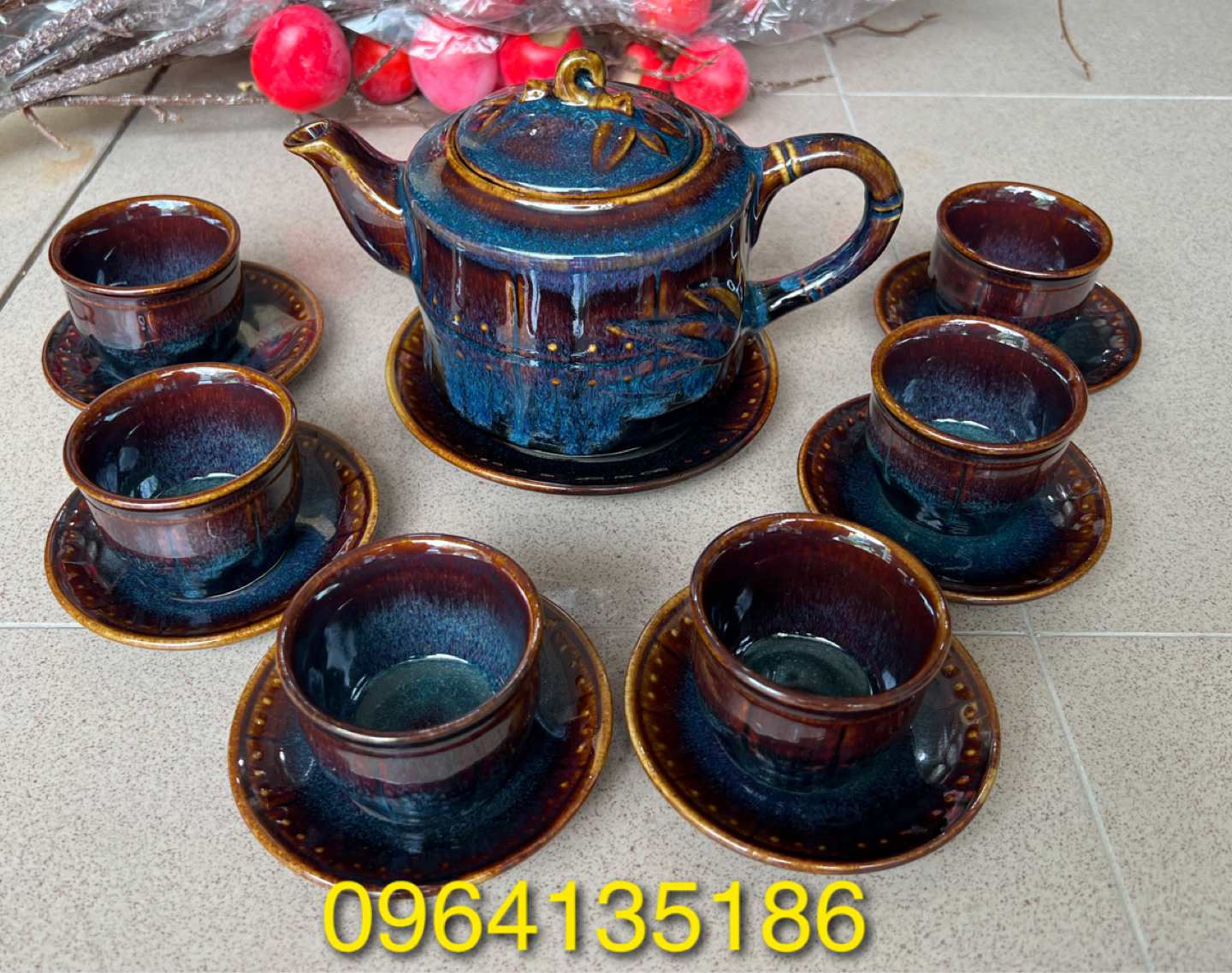 Bộ ấm trà men hoả biến trúc lam gốm sứ Bát Tràng